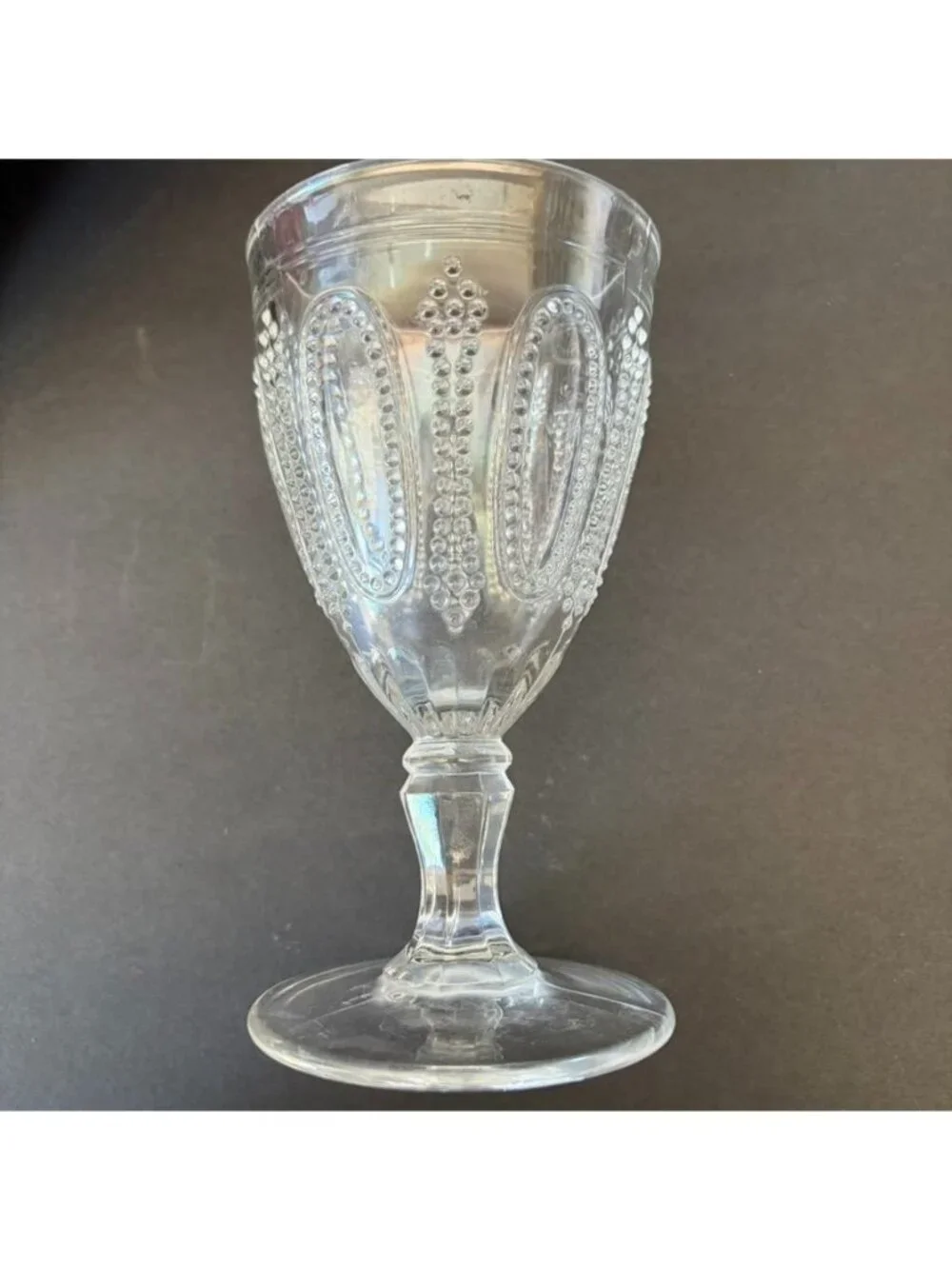 4 L.G. Wright Beaded Oval & Scroll Goblets 1970s Clear Pressed Glass 5.5